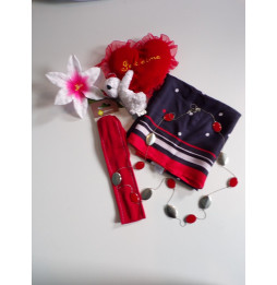 Foulard bleu marine et rouge, bijou fantaisie et bandeau rouge