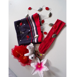 Foulard bleu marine et rouge, bijou fantaisie et bandeau rouge